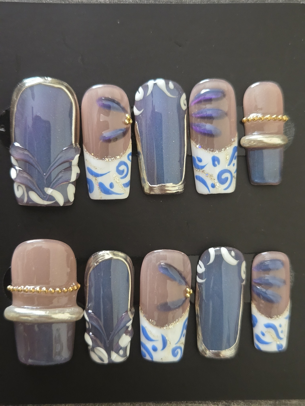 Hand Crafted Blue, Taupe & White Press-On Nail Set with Gold Accents
